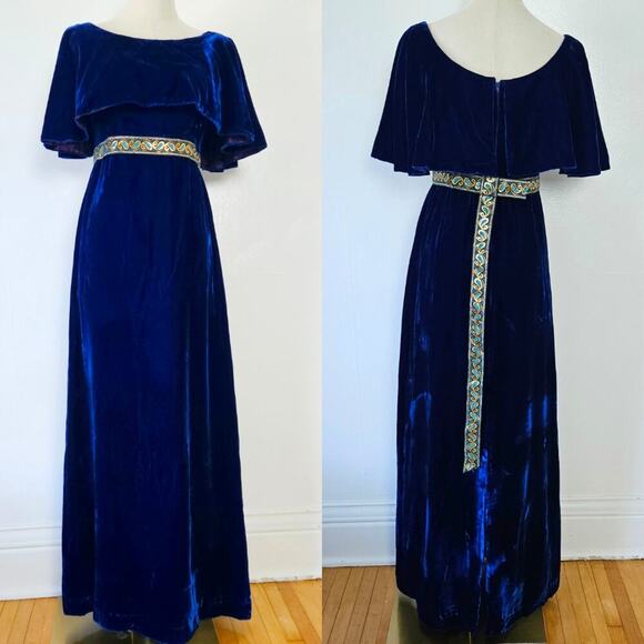 Vintage Dresses & Skirts - Vintage 60s 70s Blue Velvet Cape‎ Sleeve Maxi Dress Ribbon Back Sz 7 2/4 Costume